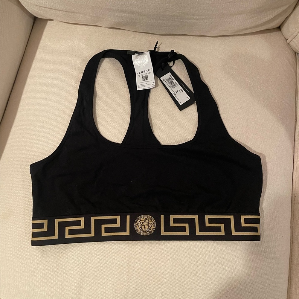 NWT Versace GRECA Black Sports Bra with Gold Detailing